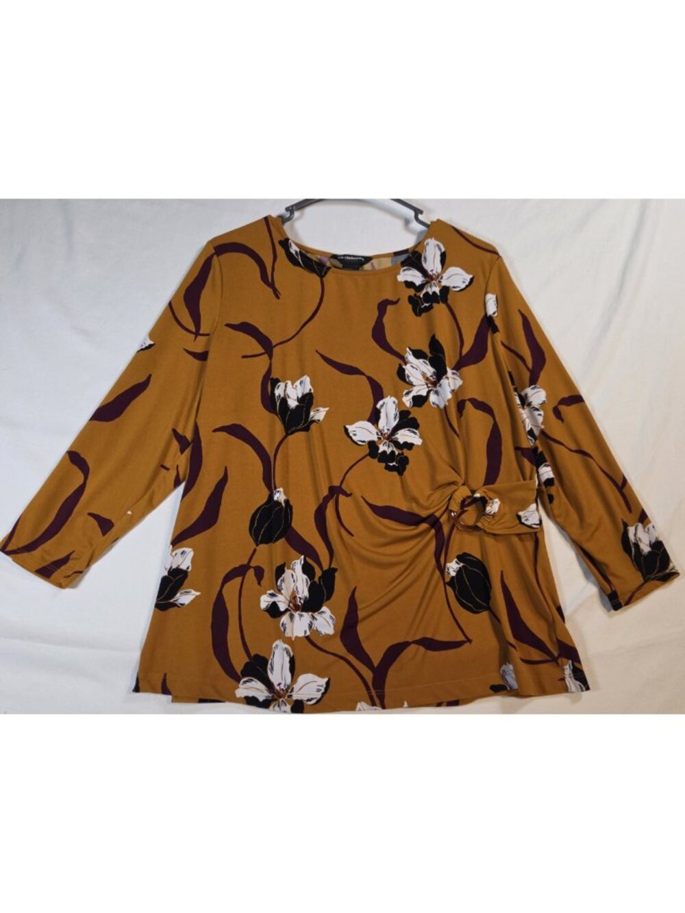 Liz Claiborne Career Blouse, Mustard Yellow with Floral Design, Size XL